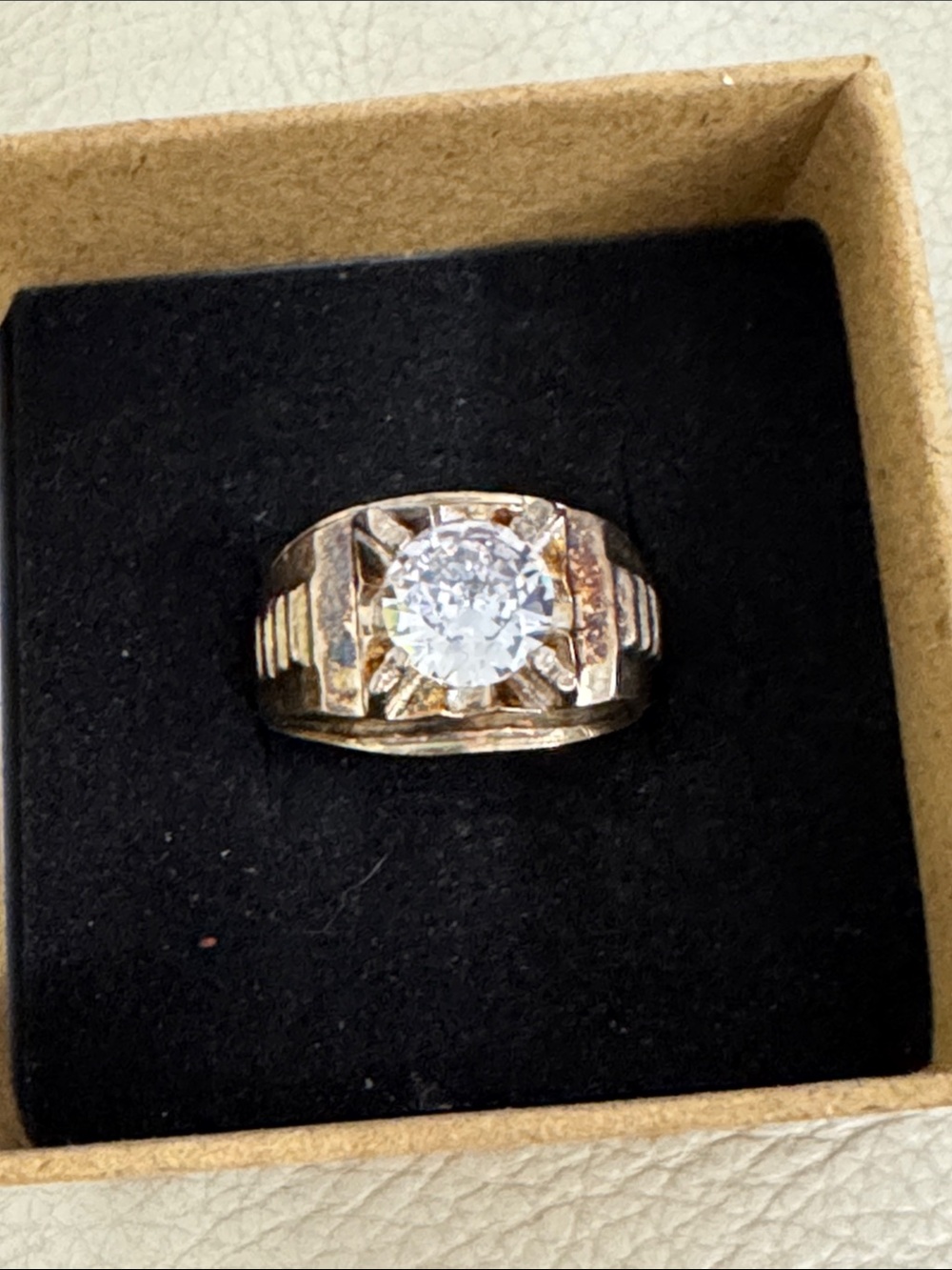 Vermeil over Sterling Silver men’s ring .Solitaire Ring with Clear Center Stone.